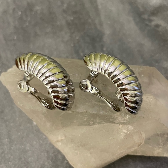 Vintage Monet Silver Large Clip-on Half Hoop Earrings - Picture 4 of 10